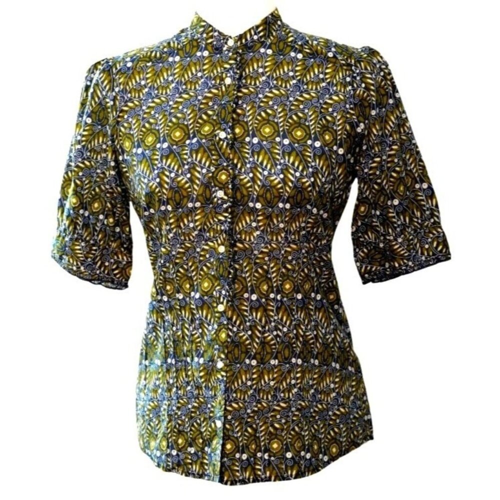 Banana Republic Boho Leaf Batik Blouse Sz Small Mandarin Collar Puff Sleaves Cot